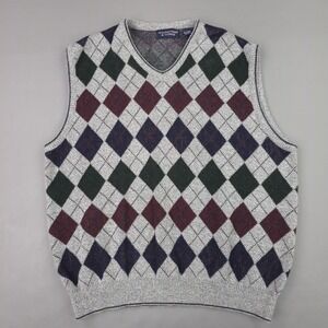 Roundtree & Yorke Sweater Vest Mens XL Gray Argyle V Neck Cotton Acrylic USA